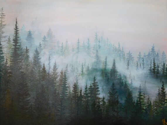 Items similar to Misty Pines Painting Original, Forest painting, Pine