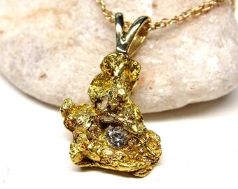 real gold nugget diamond pendant, raw gold nugget pendant, natural gold nugget necklace, Yukon gold nugget necklace mens gold nugget pendant