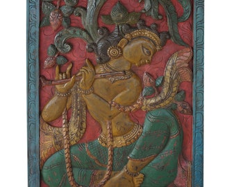 INDIAN Vintage Door Panel Barndoor Beautiful Krishna Hand Carving Wall Sculpture Wood Yoga Art Decor