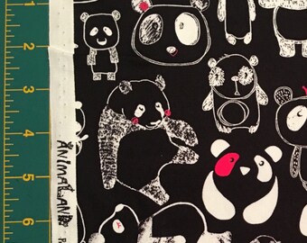 Pandas on Black - Japanese Import Fabric - Cotton Oxford - Westex AnimaLand HALF YD