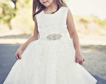 Flower Girl dress, lace flower girl dress,girls lace dress, baby white lace dress, tulle flower girl dress, birthday dress, first communion