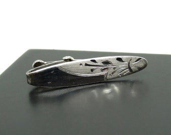 Pince à cravate moderniste - argent Sterling - gravé Floral - Mad Men Era - Mid Century 1960