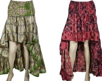 Bohemian Style High-Low Maxi Skirt 2pc Recycled Vintage Sari Gypsy Ruffle Flirty Flare Summer Skirts S/M