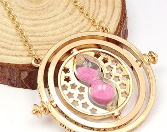 Miniature Pink Time Turner Inspired Hermione Harry Potter Deathly Hollows Gold Plate Necklace Chain Gryffindor Sand Charm Spinner handmade
