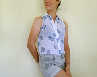 white floral top / sleeveless blouse / polka dot shirt / button up japan top