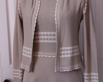 1970s Tan Stretchy Day Dress with Matching Vest Medium Large