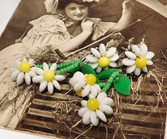 West Germany Glass Earrings / Daisy / Milk Glass / Mid Century