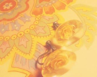 1950s Yellow Reverse Carved Rose Earrings