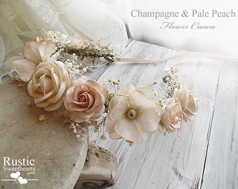 Light Champagne & Pale Peach Flower Crown ~ Bridal Flower Crown ~ Bride, Bridesmaid, Flowergirl ~ Child and Adult Size~ Item ID: CPFC