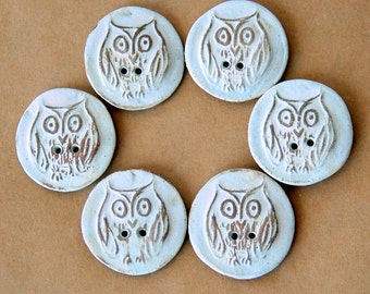 6 Handmade Ceramic Buttons - Owl Buttons in Rustic Stoneware - Neutral Owl Buttons for Button Bracelets or as a Focal - Knitting Supplies