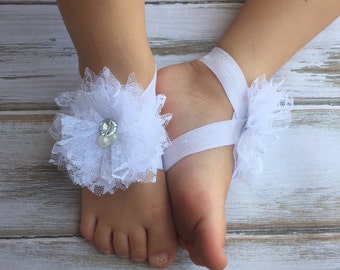 White Lace Baby Barefoot Sandals with Rhinestone and Pearls - Sandals - Baby Shoes - Photography Prop - Baptism Barefoot - Preemie Newborn
