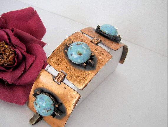 Turquoise Copper Bracelet, Wide Links, Turquoise Cabochons, Fold Over Clasp