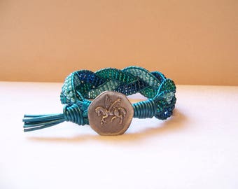 Pegasus Beaded Braided Leather Wrap Cuff Bracelet, Beaded Leather Cuff, Pegasus Bracelet, Pegasus Jewelry, Leather Jewelry, Horse Jewelry