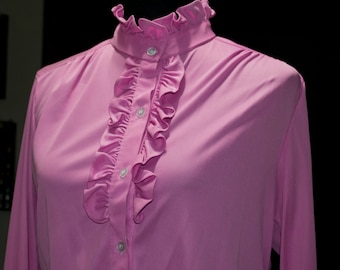 Vintage Pink Button-Up Blouse with Ruffles