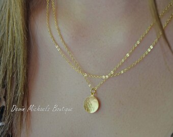 Multi Strand Necklace, Hammered Disk in Gold or Silver