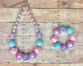 Easter Pink Aqua and Purple Chunky Necklace, Pink Aqua and Purple Baby Necklace, Unicorn Chunky Necklace, Pink and Purple Unicorn Necklace