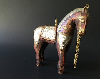 Vintage Folk Art Carved Wood Metal Horse Figurine