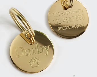 Personalized Pet Tag Round Gold or Silver 1 or 1.25 inch charm for Dog Pet ID Collar Keychain Necklace Custom Engraved w Name Symbol Med-Lg