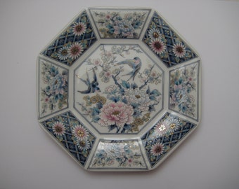 Vintage oriental octagonal porcelain plate, swallows in the flower garden, made in Japan