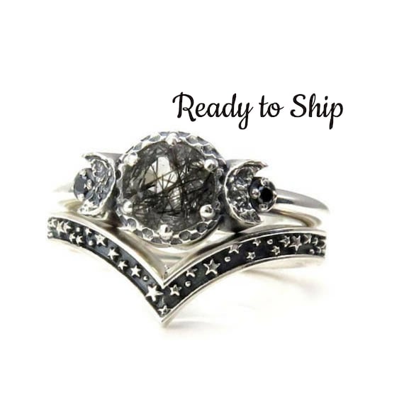 Ready to Ship Size 6-8 - Tourmalated Quartz Moon and Stars Silver Engagement Ring Set with Black Diamonds