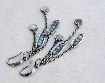 Labradorite earrings, sterling silver long chain earrings, beauty gift, christmass gift, artisan earrings, oxidized silver, boho earrings