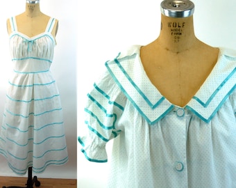 1950s nightgown robe peignoir cotton polka dot aqua and white satin ribbon trim Shadowline Size M/L