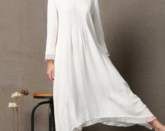 white linen dress, White Lagenlook Dress, Layered Linen dress for women, Long Sleeved white dress, linen dress, maxi dress, dress C560