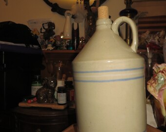 Vintage Blue & White Stripe Crock Signed R.C.P. CO Akron O.