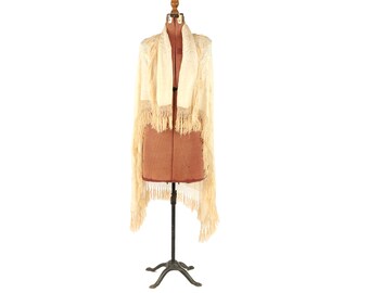 Vintage 1920's Pale Cream 100% Silk Embroidered Floral Fringe Edwardian Cape Piano Shawl