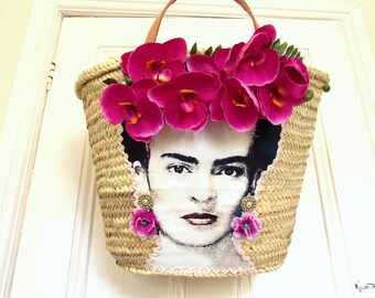 Frida Kahlo Stroh Tasche französischen Markt Korb Frida Kahlo Tasche handgewebte Korb Frida im Vintagestil mit Orchideen-Ibiza-Stil-Strand-Tasche