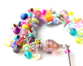 neon rainbow bracelet. polymer fruit candy confection beaded bracelet WIRE WRAPPED party favor jewelry