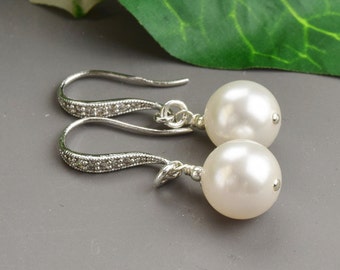 White Pearl Earrings Bridal - Bridesmaid Earrings - White Pearl Drop Earrings Silver - Wedding Earrings - Bridal Jewelry - Pearl Jewelry