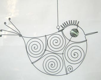 Wire Sculpture Pale Green - Eyed Metal Bird
