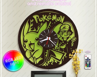 Wood Clock Pokemon| Pikachu Clock with Led Light| Anime Gift| Wall Clock *w343 Handmade Clock| Anime Horloge| Unique Clock