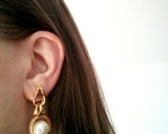 Large Faux Pearl with Sculptural Hinge Statement Earrings