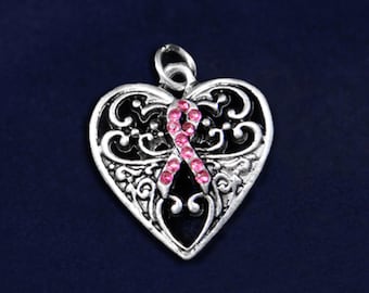 Pink Ribbon Breast Cancer Decorative Heart Charm (RE-HRTCHARM05-1)