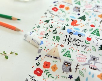 Pretty Camping Story Design 20s Cotton Fabric by Yard - White Color