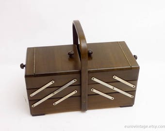 Vintage Large Wood Sewing Storage Box / Wooden Storage Box / Wooden Sewing Box 70s