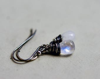 Moonstone Earrings, Drop Earrings, Wire Wrapped, Dangle Earrings, Moonstone Jewelry, Sterling Silver, Galaxy, PoleStar, Oxidized