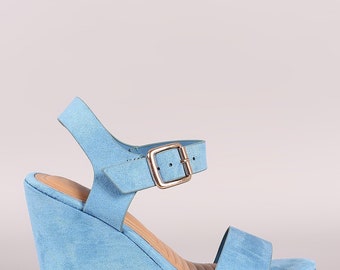 Suede Buckled Ankle Strap Platform Wedge