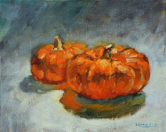 Two Pumpkins #2, original, oil, canvas, 8 x 10, cute little pumpkins, autumn, fall decoration, seasonal art, mini oil painting, thanksgiving