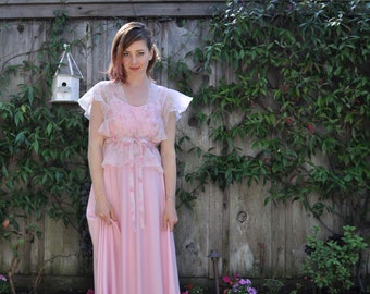 pink floral 1970s boho gown . sheer matching blouse . 70s bridesmaid .extra small.xs