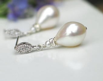 Pearl Earrings | White Rose Freshwater Olive Drop Pearls | CZ Marquise Sterling Silver Studs | Vintage Style | Bridal Pearl | Ready to Ship