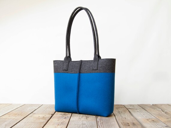 Wool Felt TOTE BAG charcoal and blue / bicolor tote bag / womens bag / felt shoulder bag / carry all bag / blue bag / made in Italy