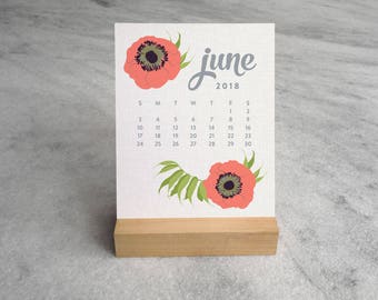 2018 Desk Calendar with Wood Stand, Botanical Illustration, flowers, wildfllowers, floral garland and laurels