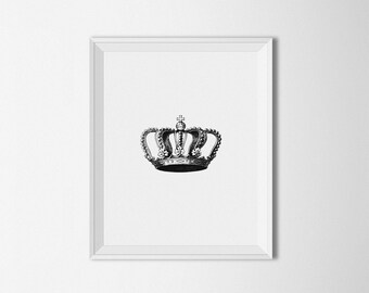 Crown Printable art, Black and White Vintage Illustration, Crown Wall art, Home decor, Minimalist Decor, King Queen Crown, Royal crown