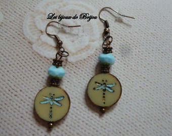 Earrings in beige and light turquoise Dragonfly Czech glass beads and copper metal beads