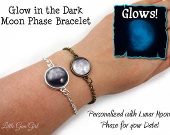 Custom Birth Moon Bracelet - Glow in the Dark Moon Phase Bracelet in Silver or Bronze - Glowing Birthday Moon Jewelry - Lunar Phase Bracelet