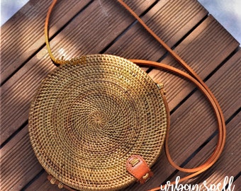 Brown Round Rattan Bag + Atta Grass Oven Processed – Handmade Handwoven Summer Beach Crossbody Bag with Genuine Leather Tassel