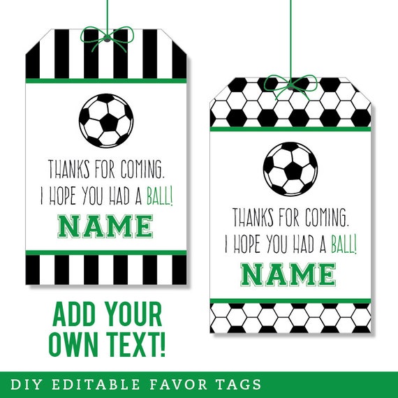 EDITABLE INSTANT DOWNLOAD Soccer Party Favor Tags Green